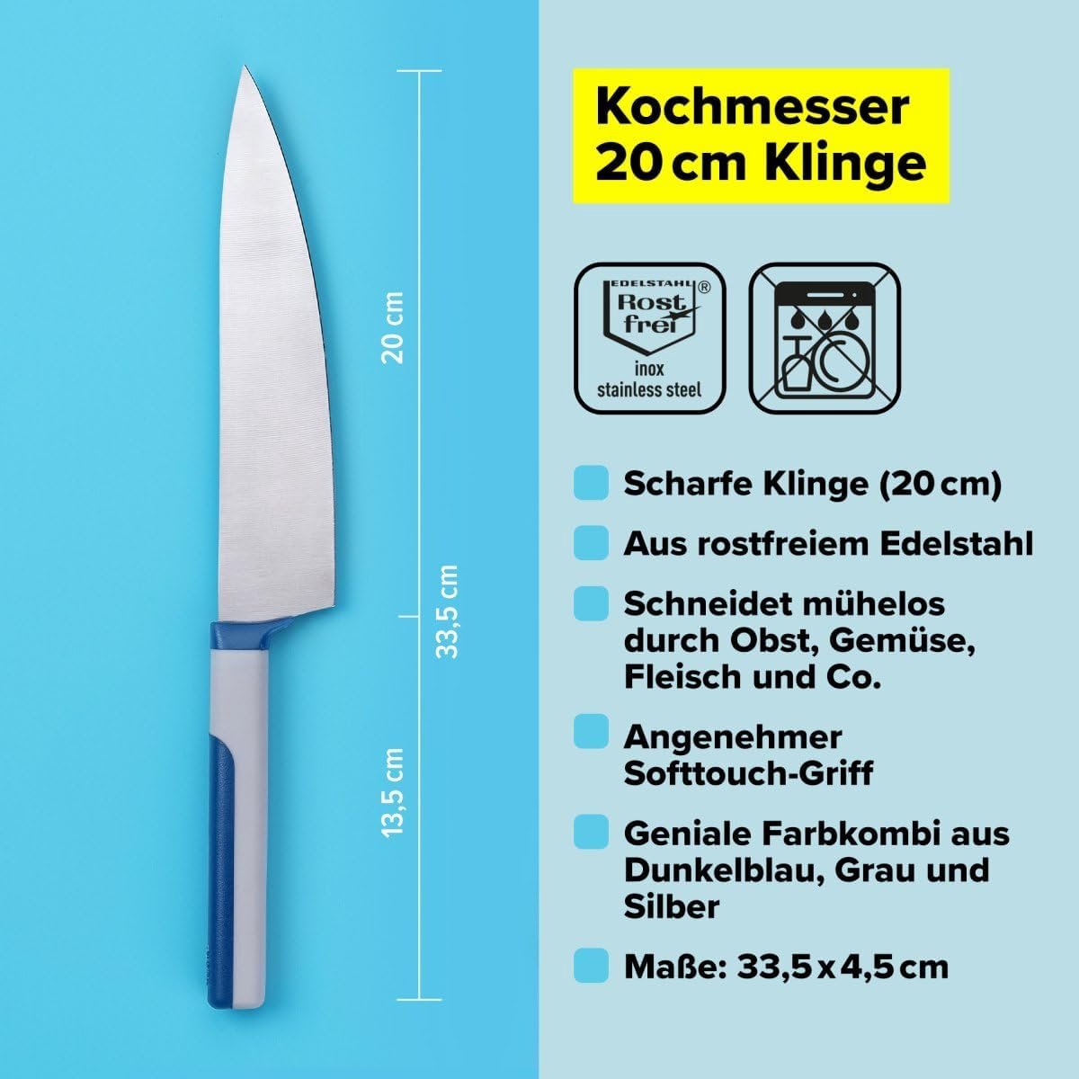 Koksmes 20 cm, roestvrij staal, scherp mes, duurzaam keukenmes met ergonomische soft-touch handgreep (kleur: blauw, grijs, zilver)