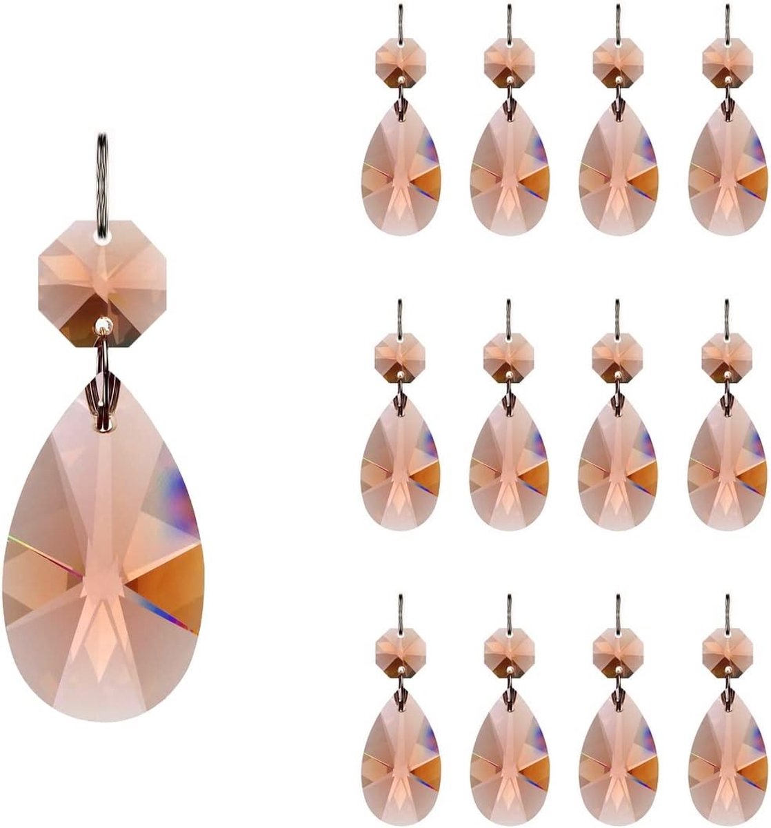 12 stks 38 mm Teardrop Crystal Kroonluchter Prisma's Onderdelen met Glas Achthoek Kralen Ketting voor Kroonluchters, Bruiloft, Kerstdecoratie GOLDENHAITAI (Rose)