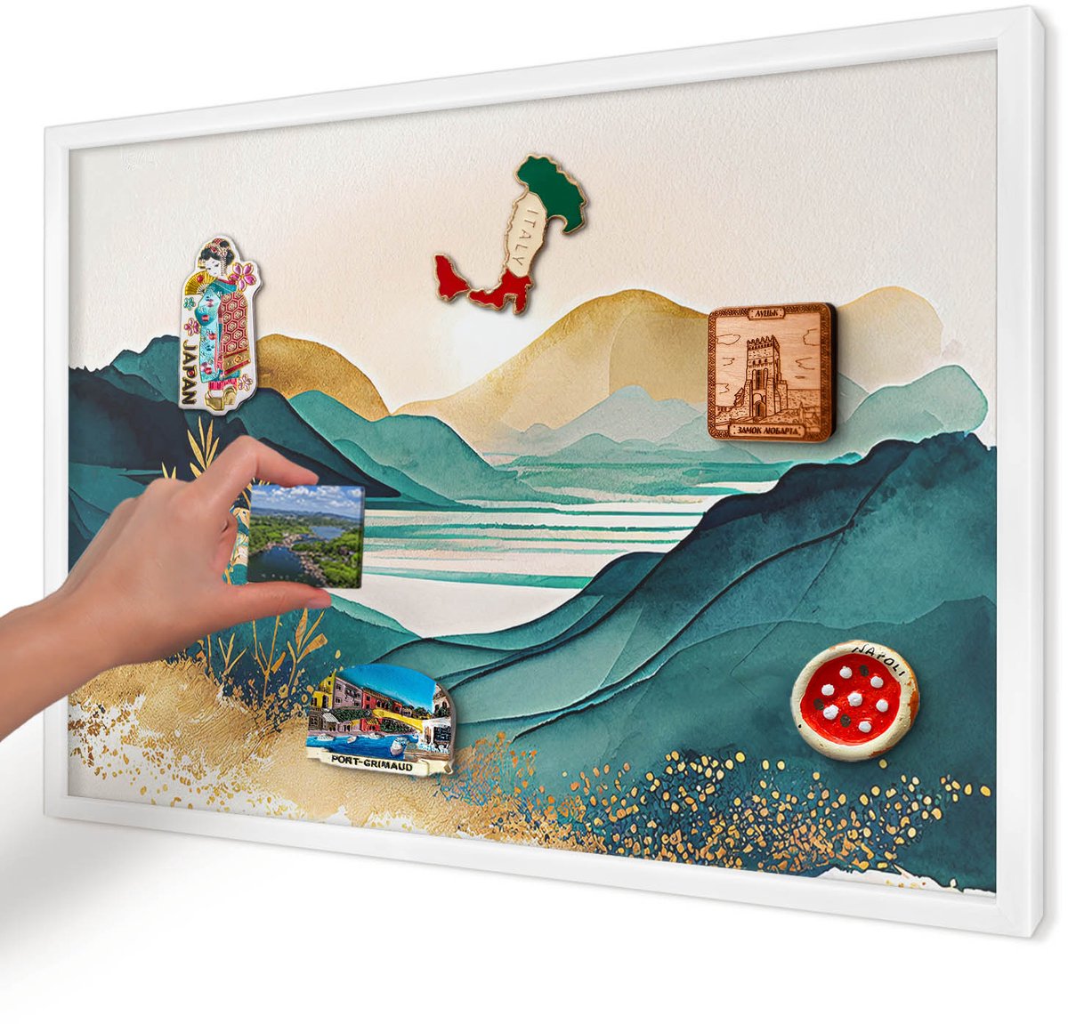 Artprintcave Turkoois Magneetbord mit Witte Lijst - 60x40 cm - Een Vredig Uitzicht Magneetbord Voor Foto's - Waterverf Bord Voor Magneten - Landschappen