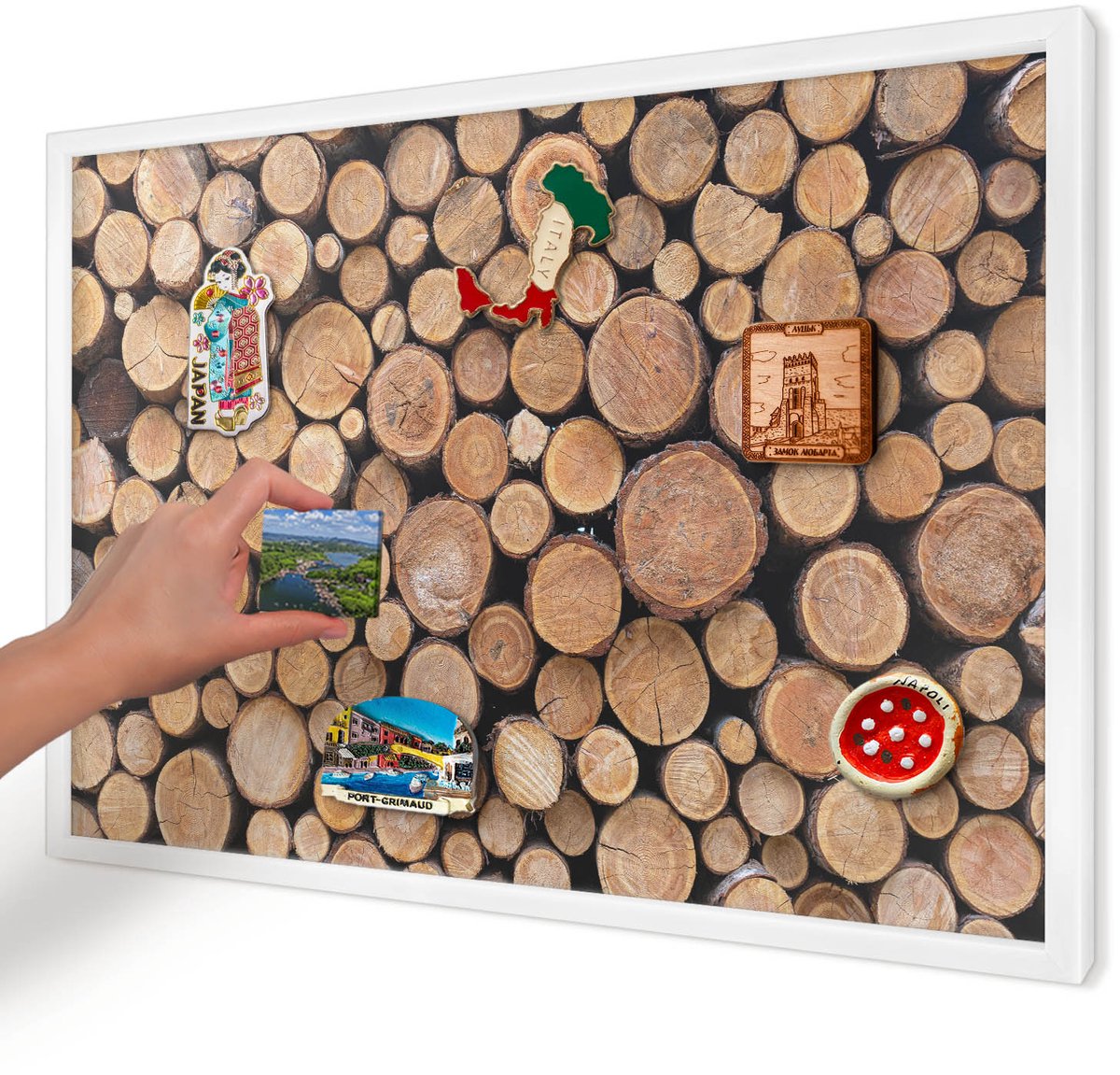 Artprintcave Bruin Magneetbord mit Witte Lijst - 60x40 cm - Houten Cirkels Wandbord Magnetisch - Rustiek Magneetbord Voor Foto's - Texturen