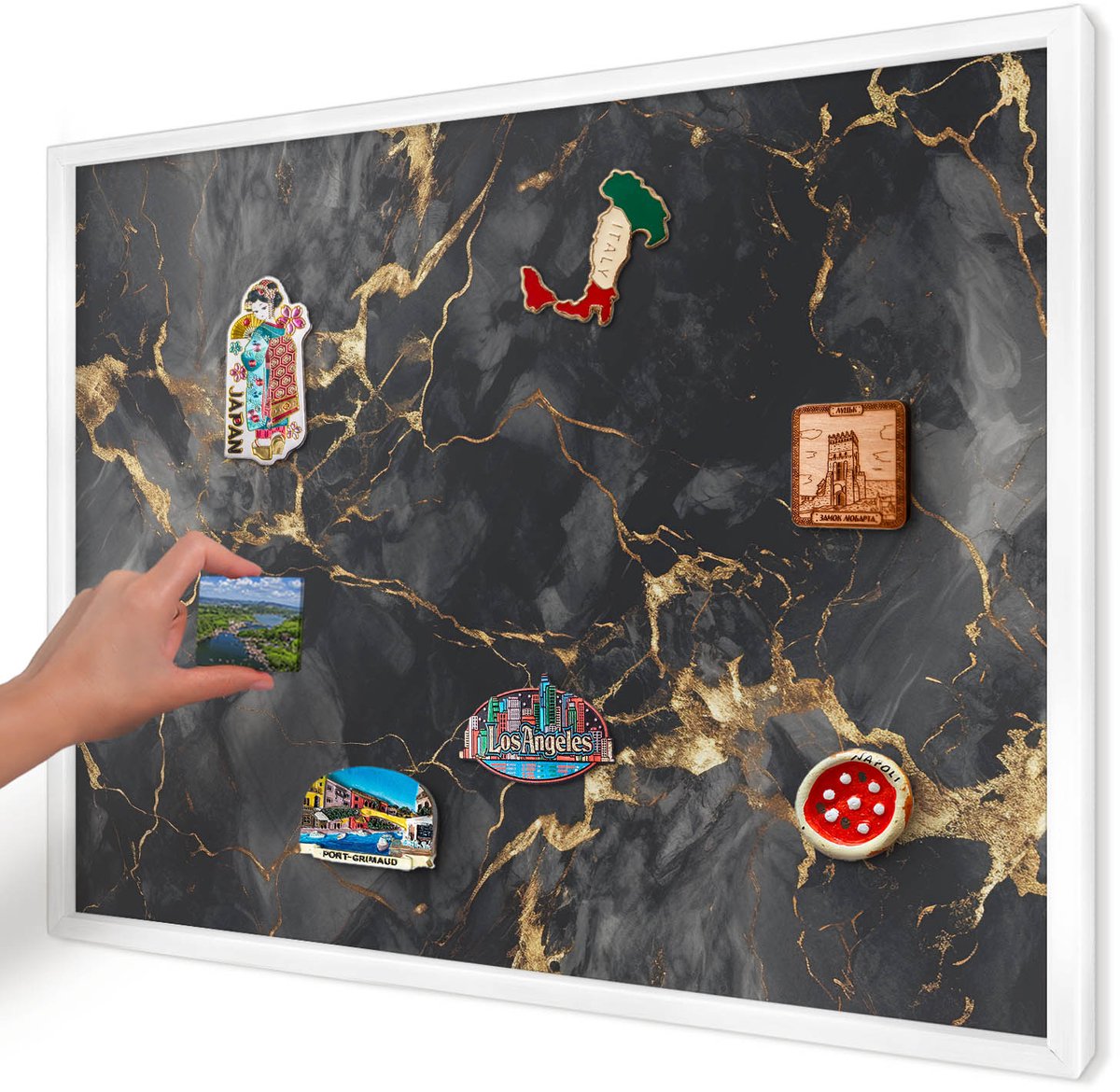 Artprintcave Zwart Magneetbord mit Witte Lijst - 70x50 cm - Fijne Aderen Memobord Keuken - Abstract Magneet Bord mit Frame - Abstractie