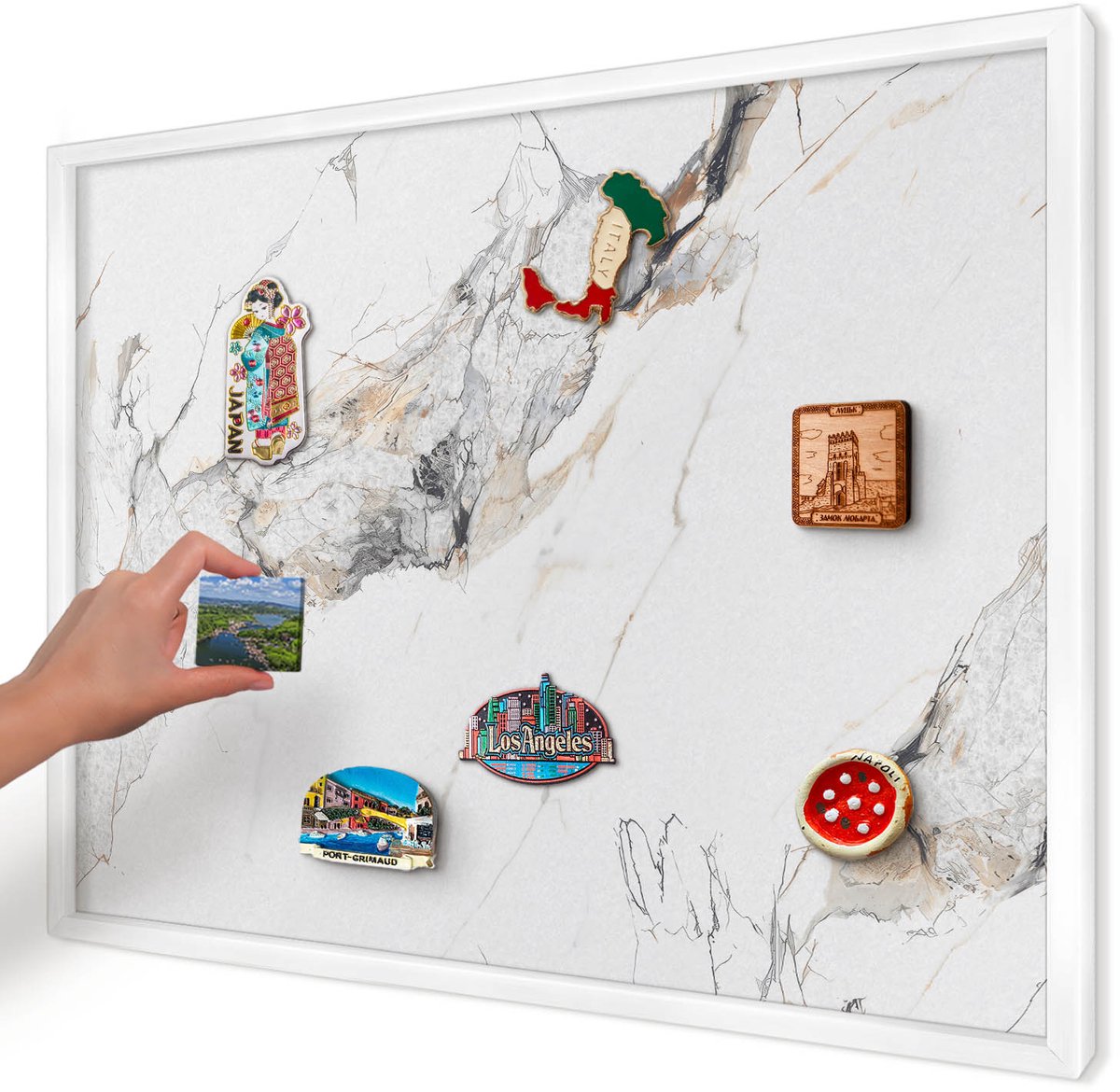Artprintcave Wit Magneetbord mit Witte Lijst - 70x50 cm - Marmereffect Memobord Keuken - Minimalist Magnetisch Bord - Texturen