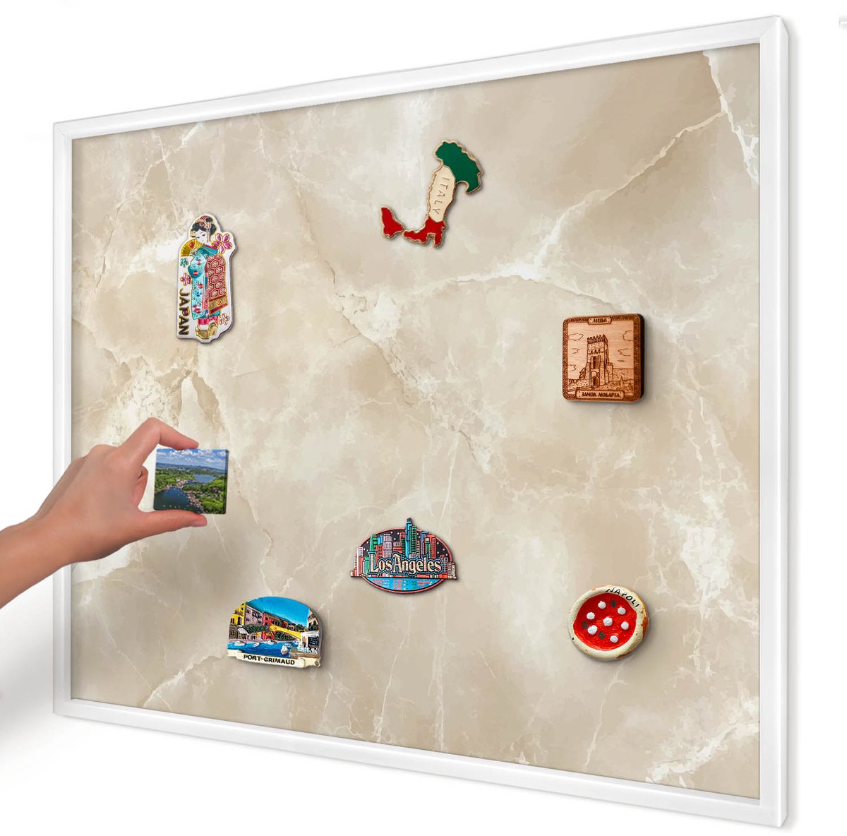 Artprintcave Beige Magneetbord mit Witte Lijst - 80x60 cm - Marmerpatroon Magneet Bord mit Frame - Minimalist Magnetisch Bord Voor Magneten - Achtergronden En Patronen