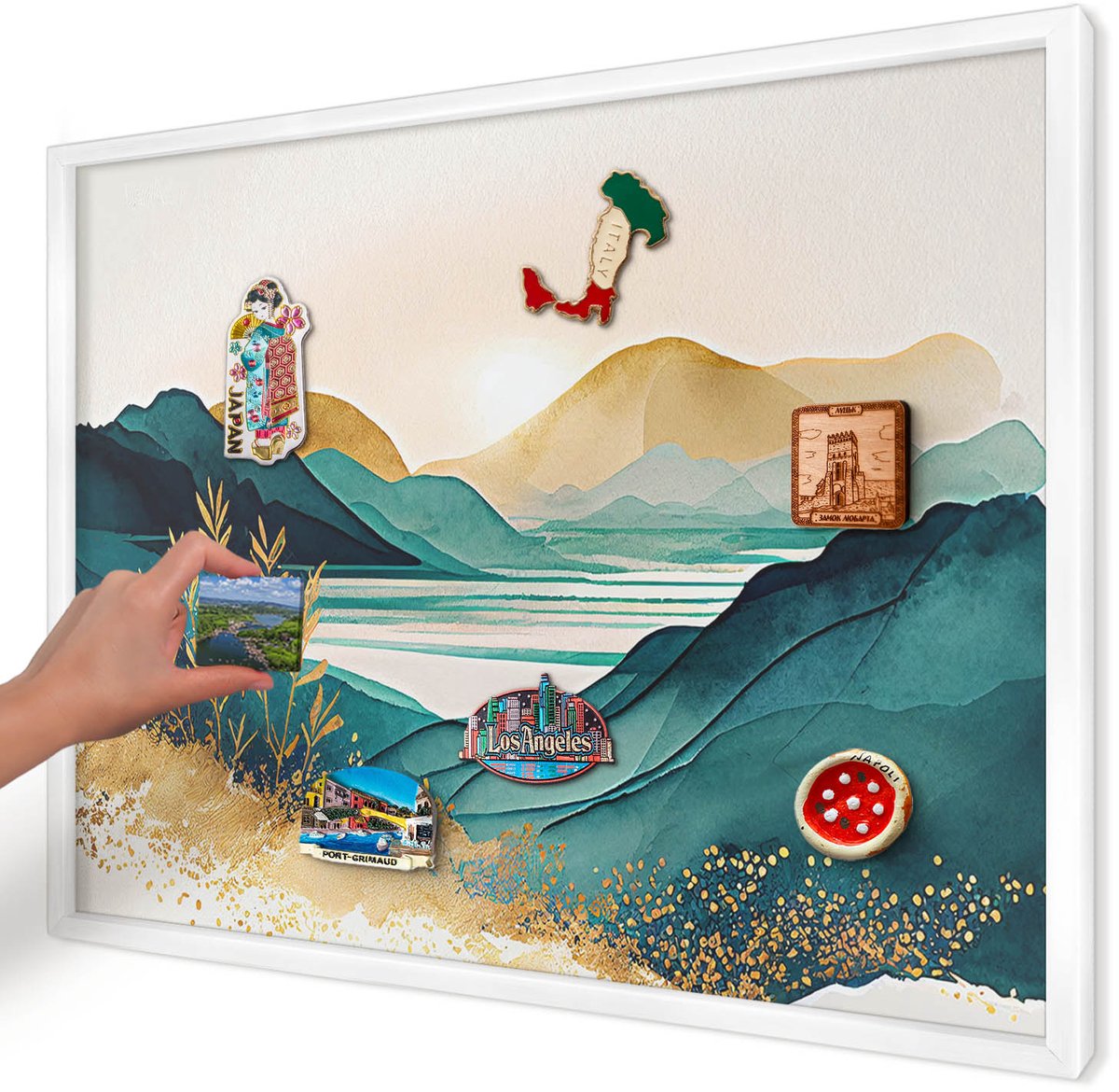 Artprintcave Turkoois Magneetbord mit Witte Lijst - 70x50 cm - Een Vredig Uitzicht Wandbord Magnetisch - Waterverf Memobord Keuken - Landschappen