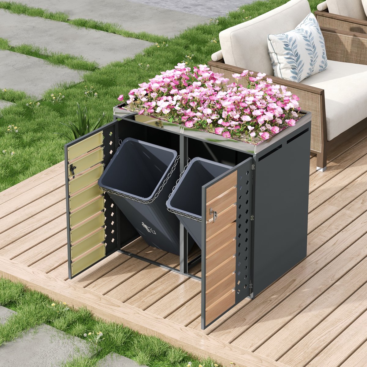Containerberging – 2 Vakken – Afsluitbaar Met Plantenbak – 132 x 80 x 124,58 cm – Verzinkt Staal – Grijs Houtlook – Tuinberging