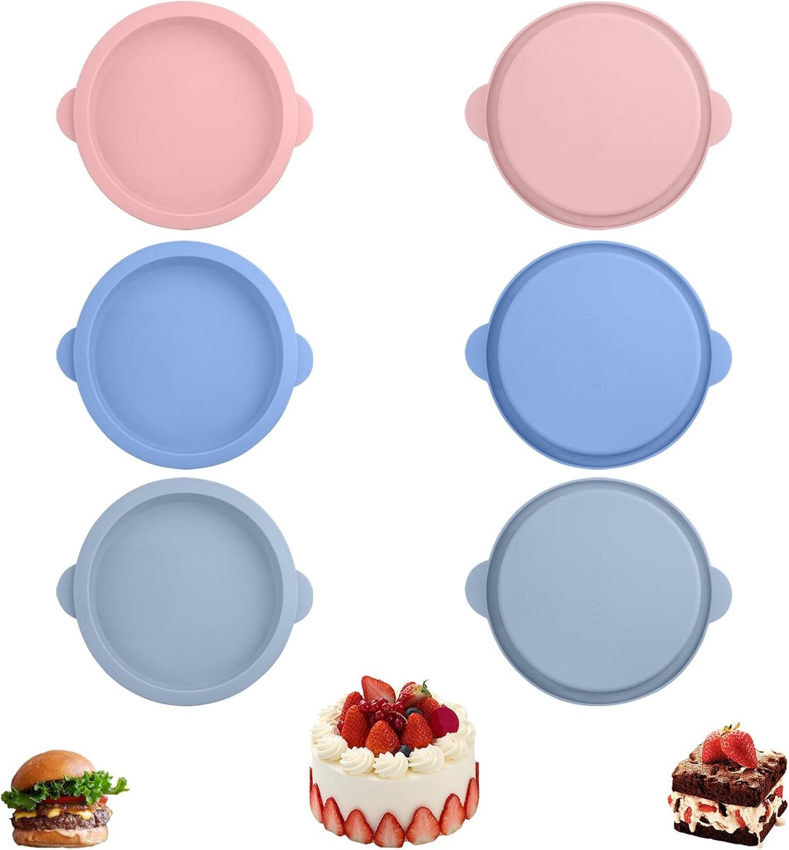 SnelShoppen - 6 Ronde Silicone Bakvormen 10 cm, Hittebestendig, Voor Taart, Eieren, Snack, Kleur: Cyan/Roze/Grijs, Duurzaam en Milieuvriendelijk