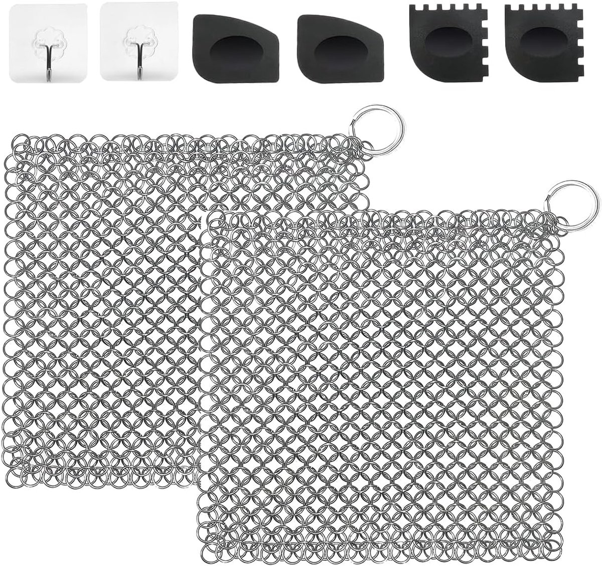 SnelShoppen - 2-delige gietijzeren reiniger, 10x10 cm ringreiniger voor Dutch Oven | roestvrijstalen kettingreiniger met plastic grillplaner en handig