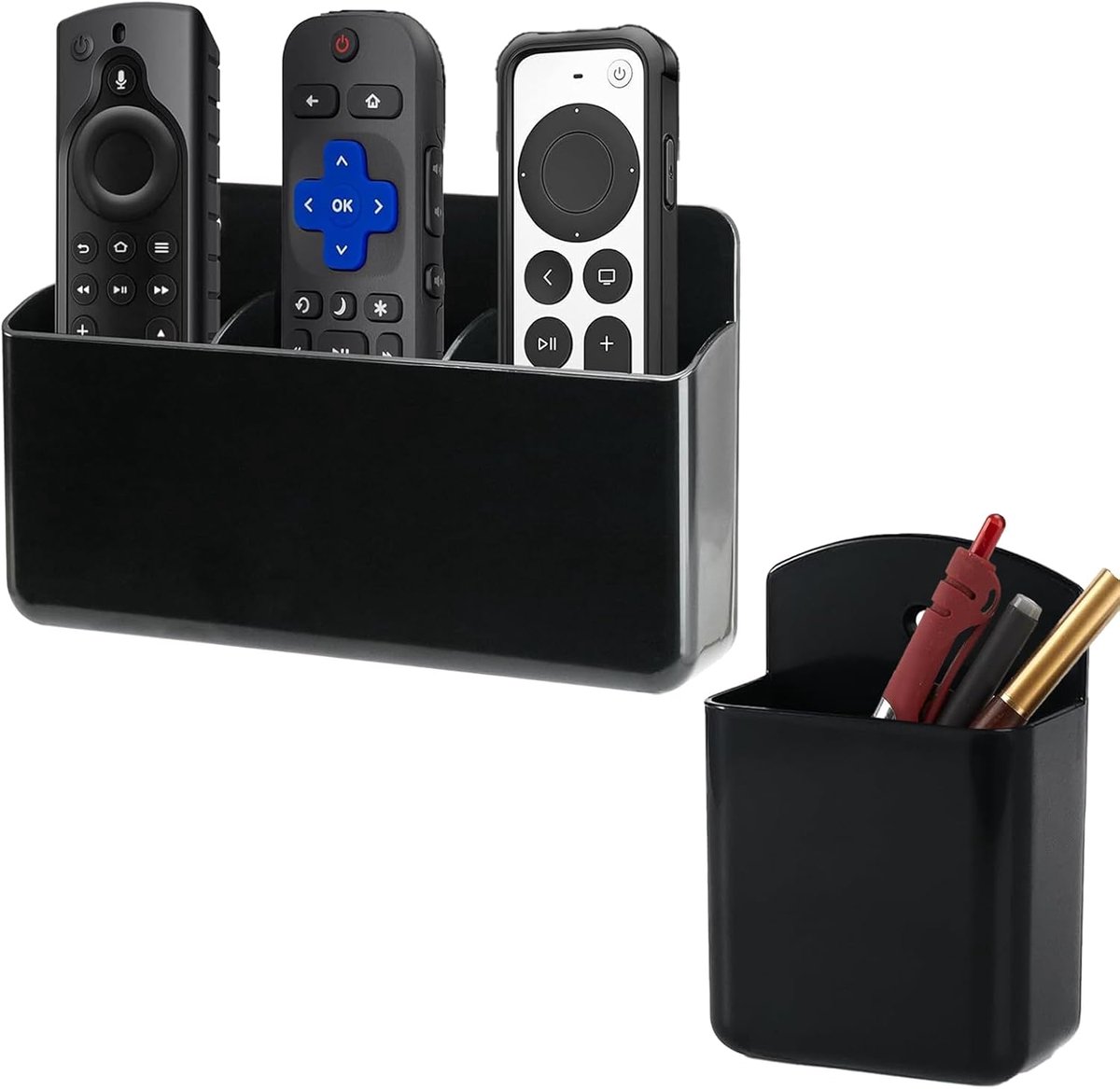 SnelShoppen - 2 Stuks Wandafstandsbediening Houder, Zelfklevende Wandmontage, 3 Compartimenten en 1 Compartiment, Mobiele Telefoon Houder, Pennen, Bri