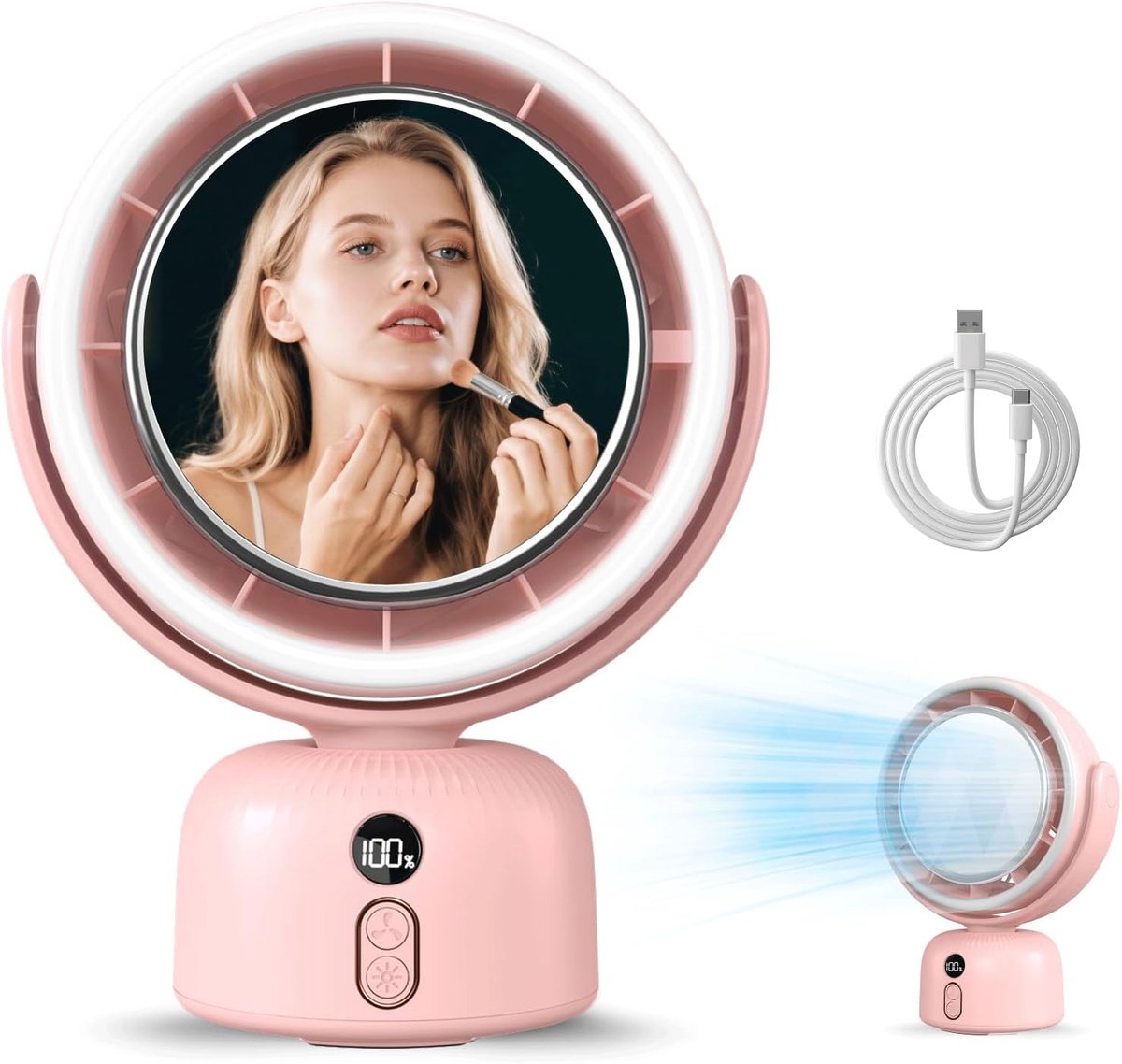 SnelShoppen - 3-in-1 Toile spiegel ventilator met licht, 6000mAh USB-C opvouwbare make-up tafelventilator, automatische rotatie, 5 snelheden & 3 licht
