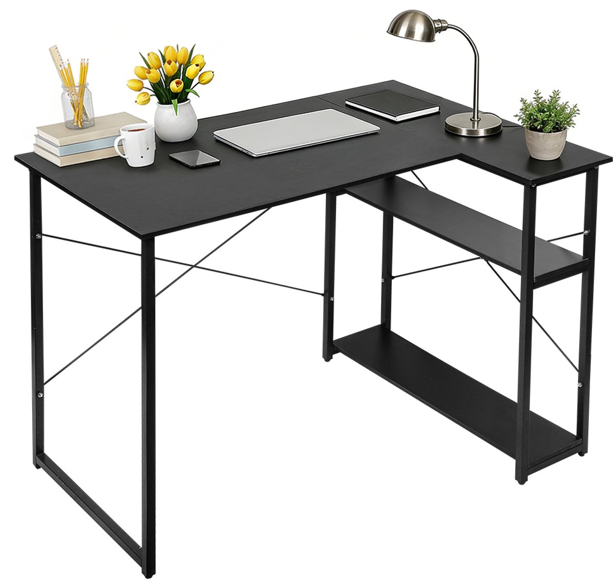 PIPIPOXER Bureau-Retro Schrijftafel - Computerbureau met 2 planken- Bureautafel van hout en metaal - Industrieel design - met opbergvak - 100 x 70 x 75 cm- Zwart