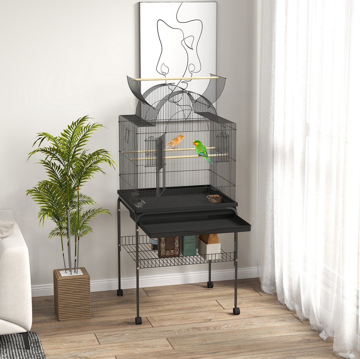 COVREO Vogelkooi 63 x 53 x 144 cm zwart, staal met wielen en opbergplank