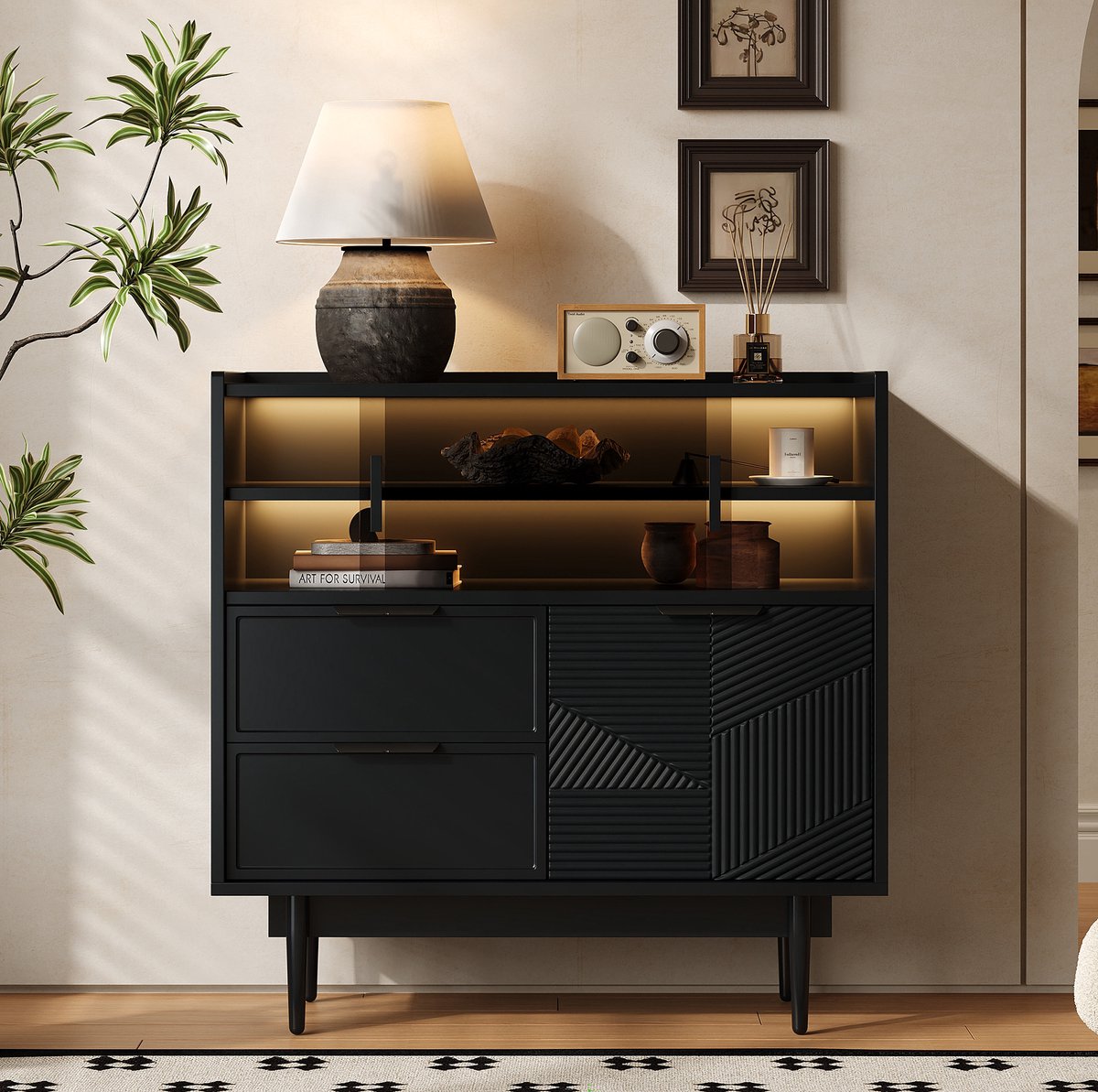 COVREO Dressoir 80x35x80 cm zwart, MDF met glazen schuifdeur en LED