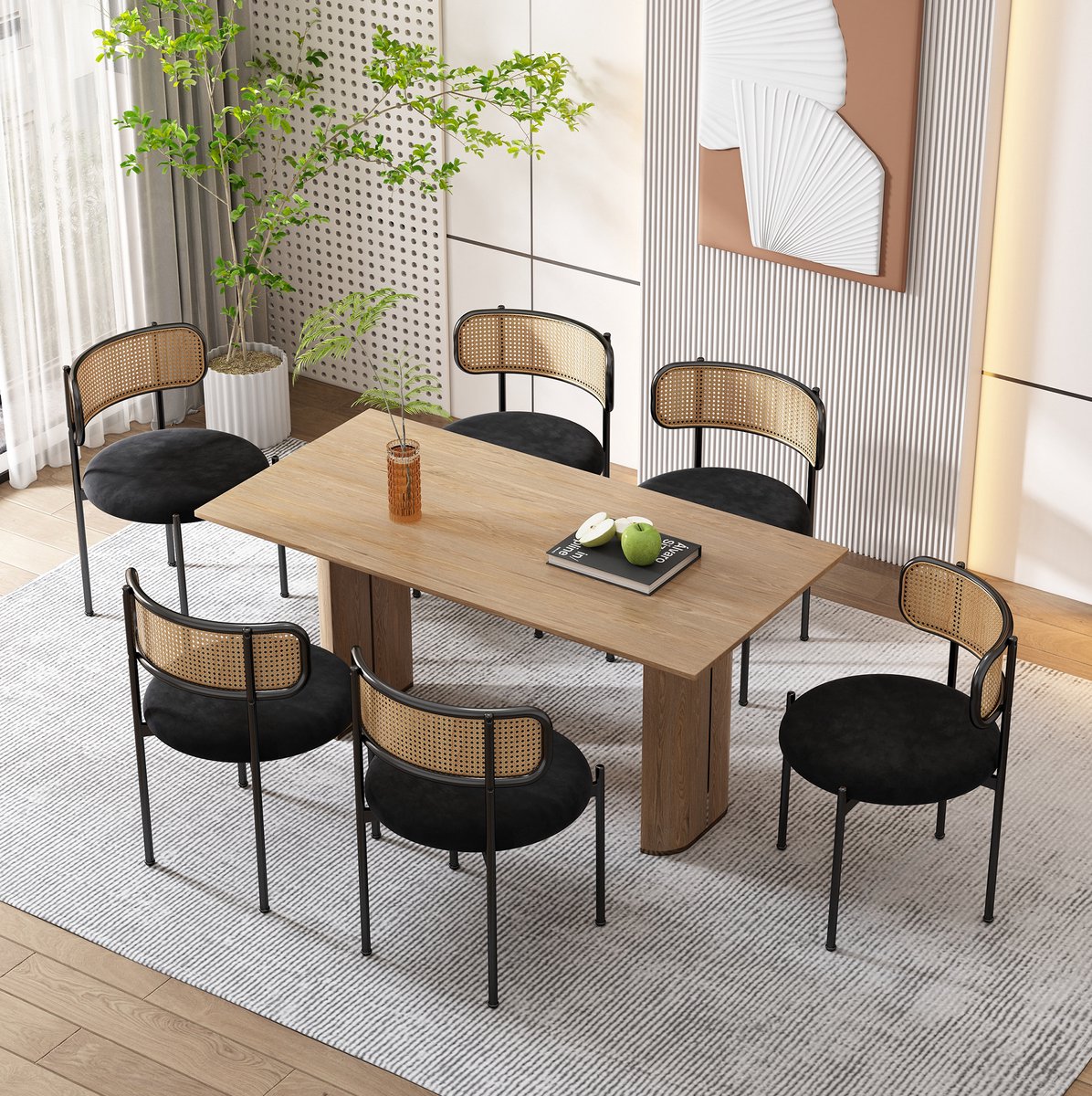 COVREO Eetkamerstoel 51x45x75 cm zwart, velvet en rotan set van 6