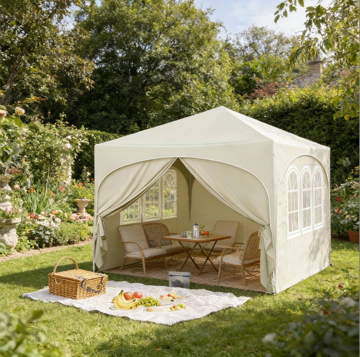 Paviljoen Partytent 3x3 M - Verstelbaar - Oxford Stof - Beige - Tuin En Outdoor Gebruik