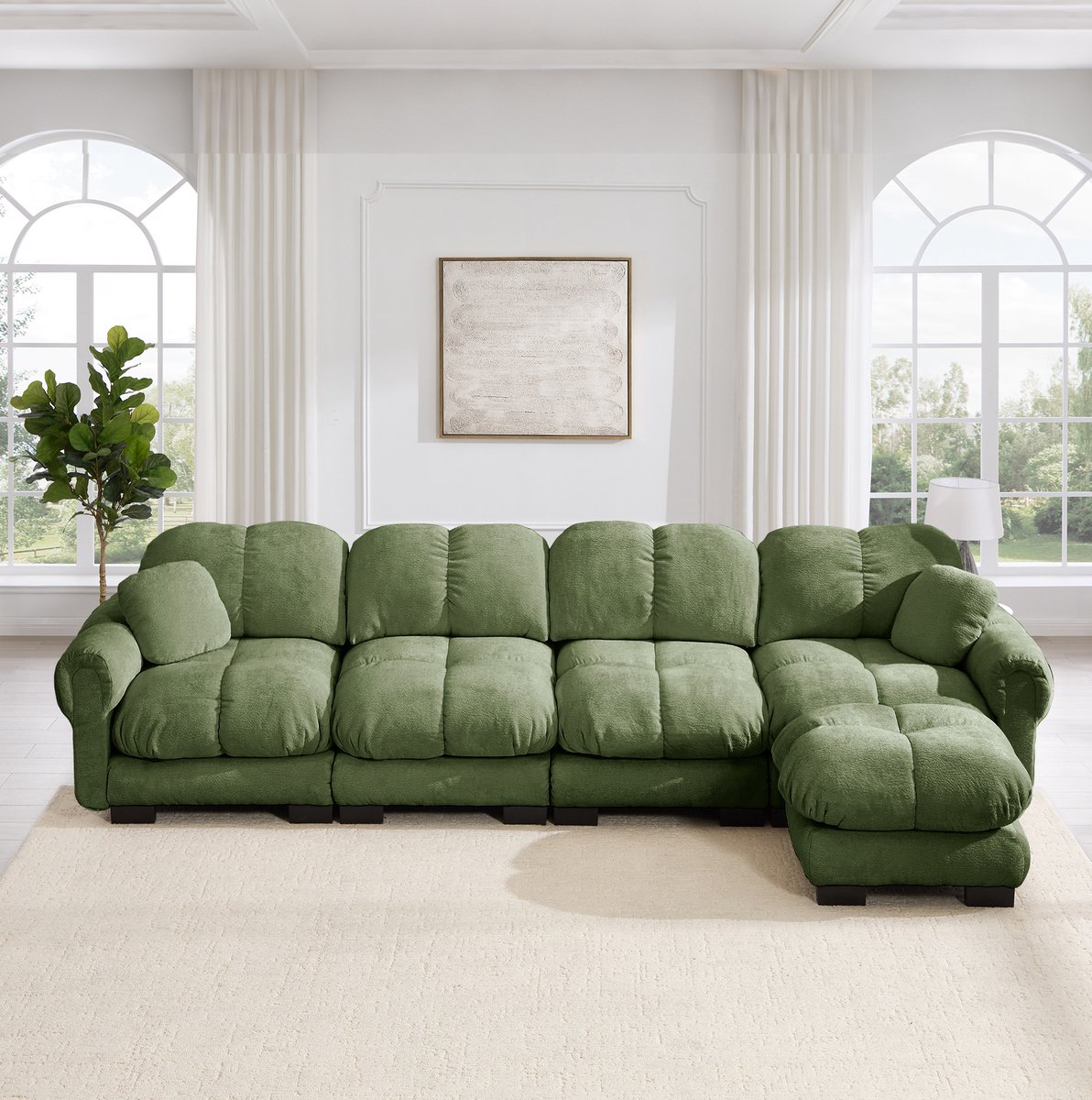OKWISH Hoekbank 330 x 149 x 90 cm - 4-Zits L-Vorm Met Mobiele Ottomaan En Gestikt Design - Voor Woonkamer - Chenille - Groen