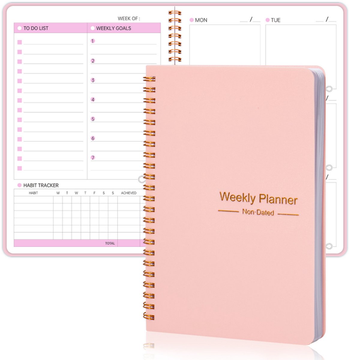 Bobypet - Undated Weekly Planner A5 - Weekplanner Zonder Datum met Habit Tracker & Doelen Organizer - Spiraal Notitieboek voor Werk, School & Studie - Roze
