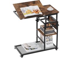 CINK & Co C-Vorm Bijzettafel op Wielen - Verstelbaar van 69 tot 91 cm - Kantelbaar Tafelblad met Opbergruimte - Laptoptafel voor Bank en Bed - Zwart en Antiek - 82 x 40 x 91 cm