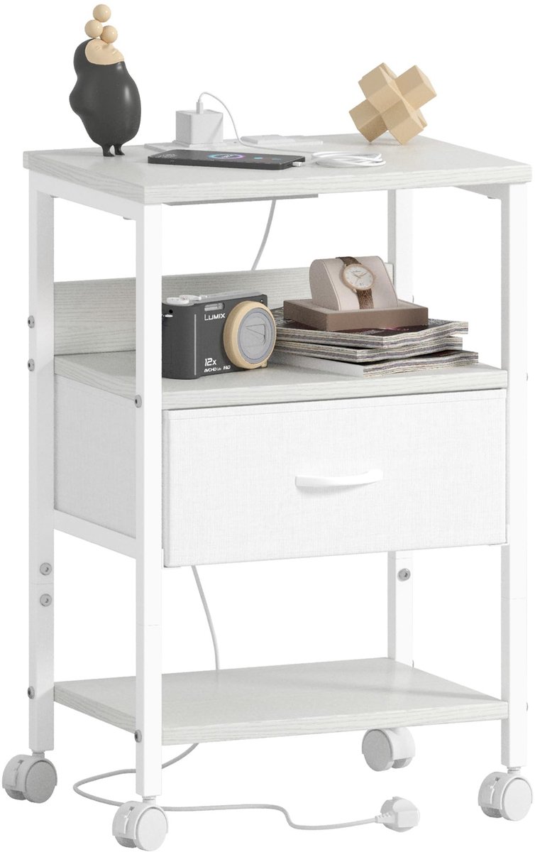 Omgoods - Bedside Table met Oplaadstation en Opbergruimte, Wit
