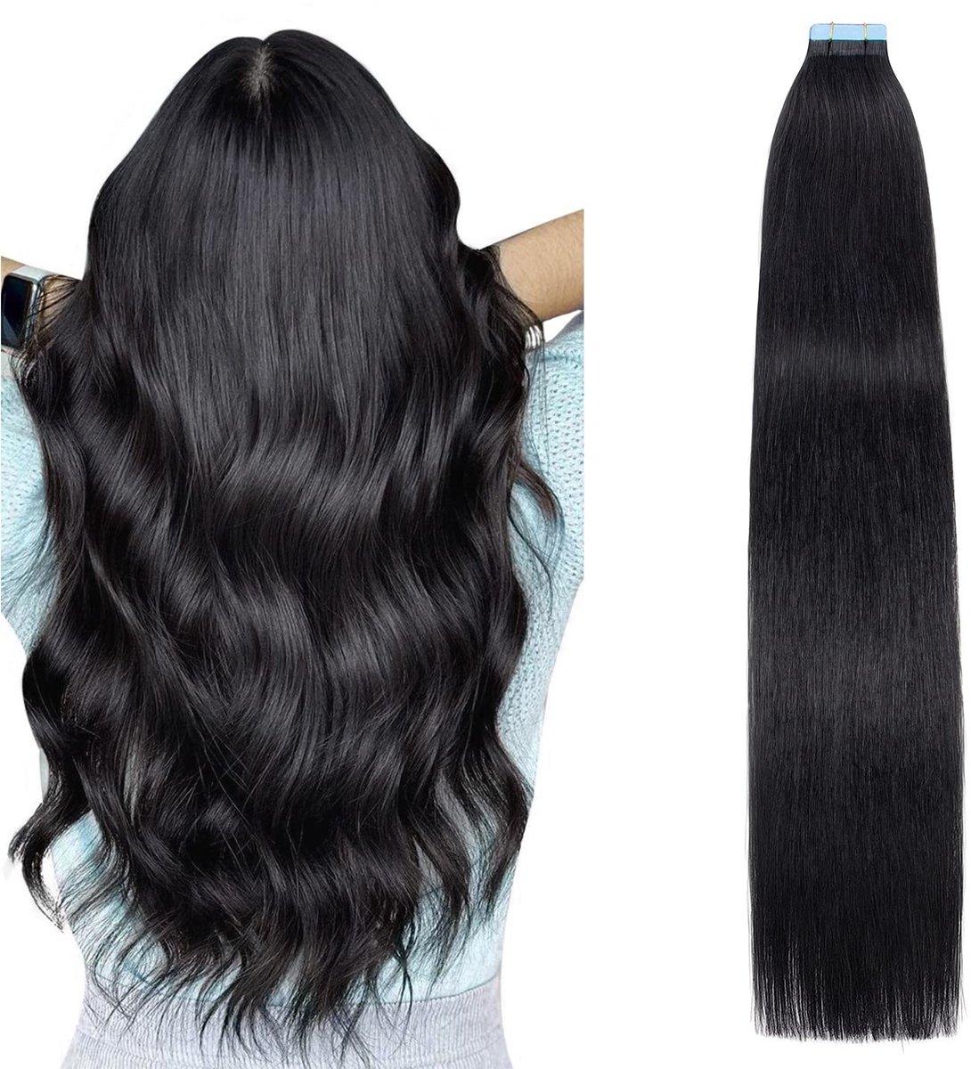 Omgoods - Echt Remy Haar Tape Extensions 20 Stuks 55cm - Diepzwart