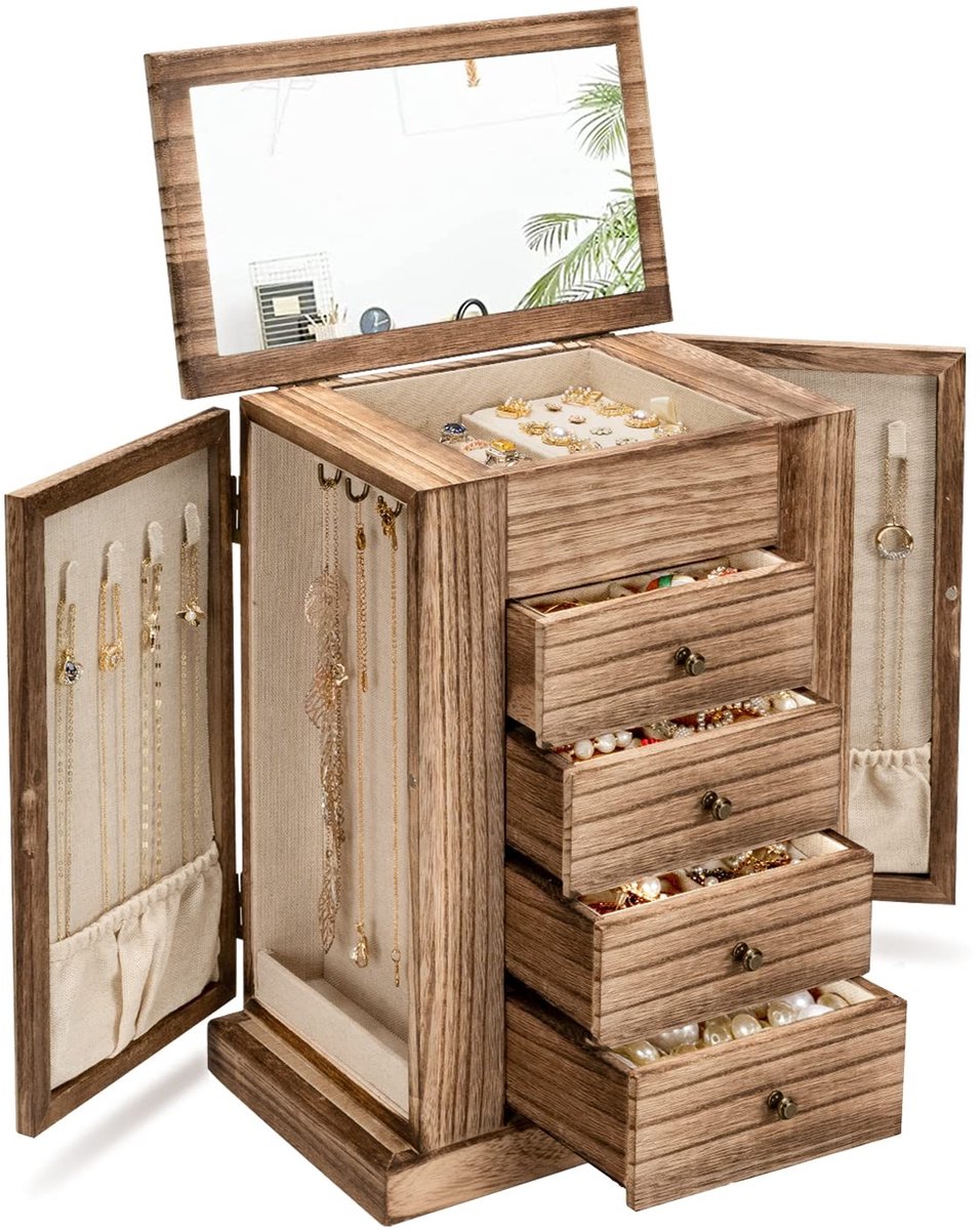 Omgoods - Grote Houten Sieradenkist met Spiegeltje en Lades