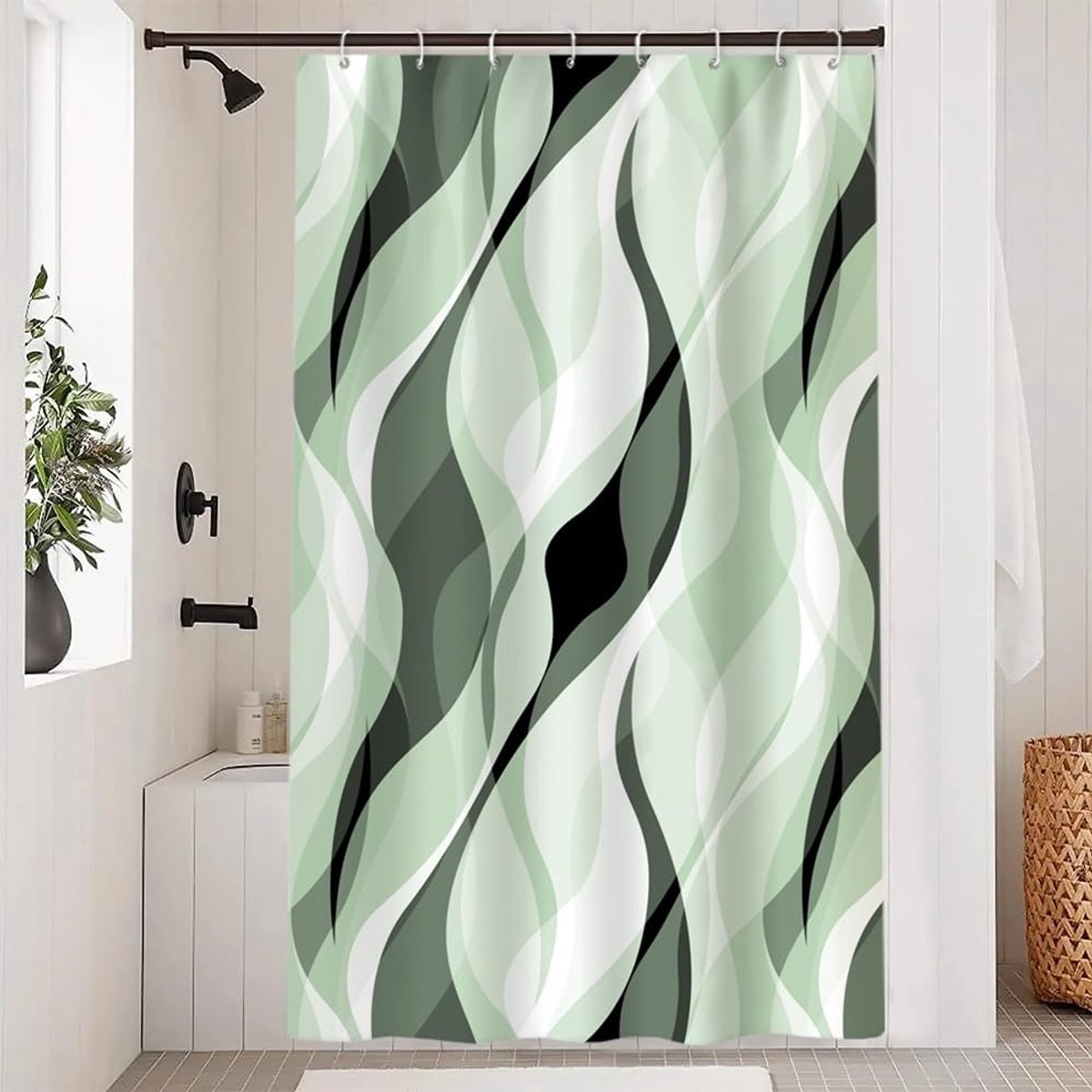 Omgoods - Sage Green Douchegordijn met Abstract Geometrisch Patroon en 8 Haken - 120x200 cm