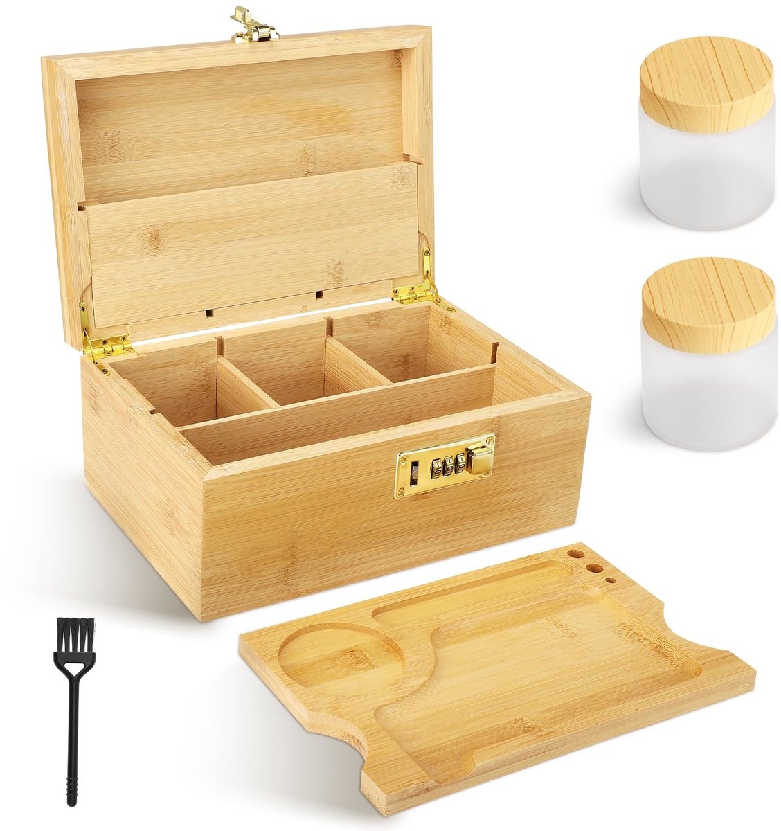 Omgoods- Bamboebox met cijferslot - Decoratieve Opbergdoos - Opbergdoos met afneembaar vak - Inclusief glazen potjes - Cadeauset voor thuis/kantoor - 25 x 17 x 11 cm