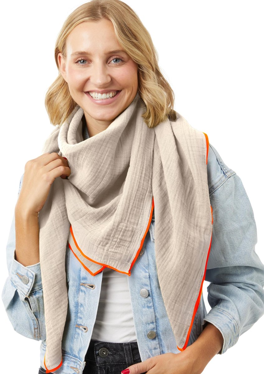 Omgoods - Mousseline Sjaal voor Dames van 100% Katoen, Zand met Neon Oranje