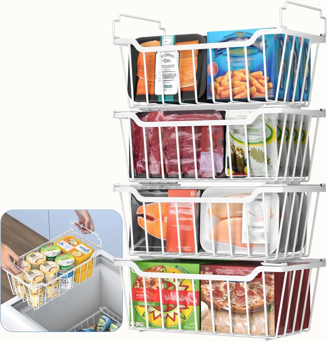 Omgoods - Kist Vriezer Mand Met Opvouwbare Handgreep - 4-Pack Organisator voor Kleine Kisten