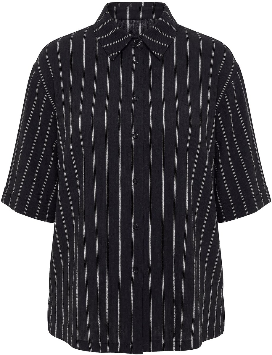 Ulla Popken - Dames - Jersey blouse strepen overhemdkraag korte mouwen - Zwart - Maat 50+