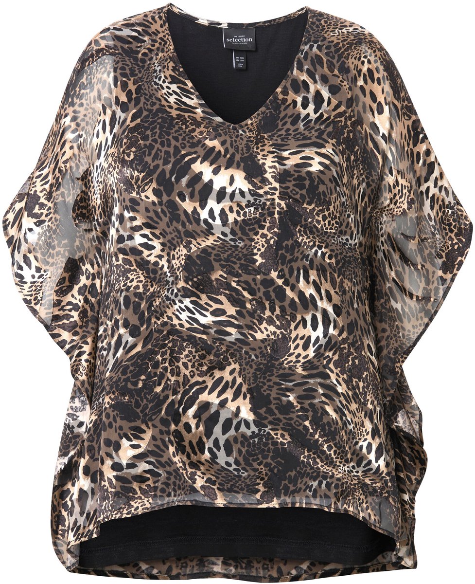 Ulla Popken - Dames - Chiffonblouse dubbellaags V-hals halve mouwen - Zwart - Maat 42+