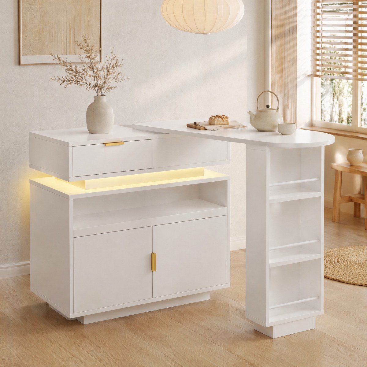 DESMIU Bartafel - Uitschuifbare Keukeneiland Tafel Met Opbergruimte En Led - Voor Keuken En Eetkamer - MDF - 115-183x40x99,5 Cm - Wit