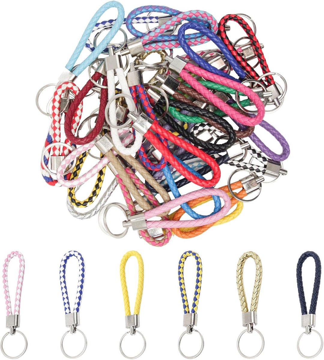 Thijox - 30 Stuks Kleurrijke Gevlochten Lederen Sleutelhangers - Autosleutelhanger, Deursleutel Lus, Meerkleurig Leer & Kunststof Touw voor Dames en H