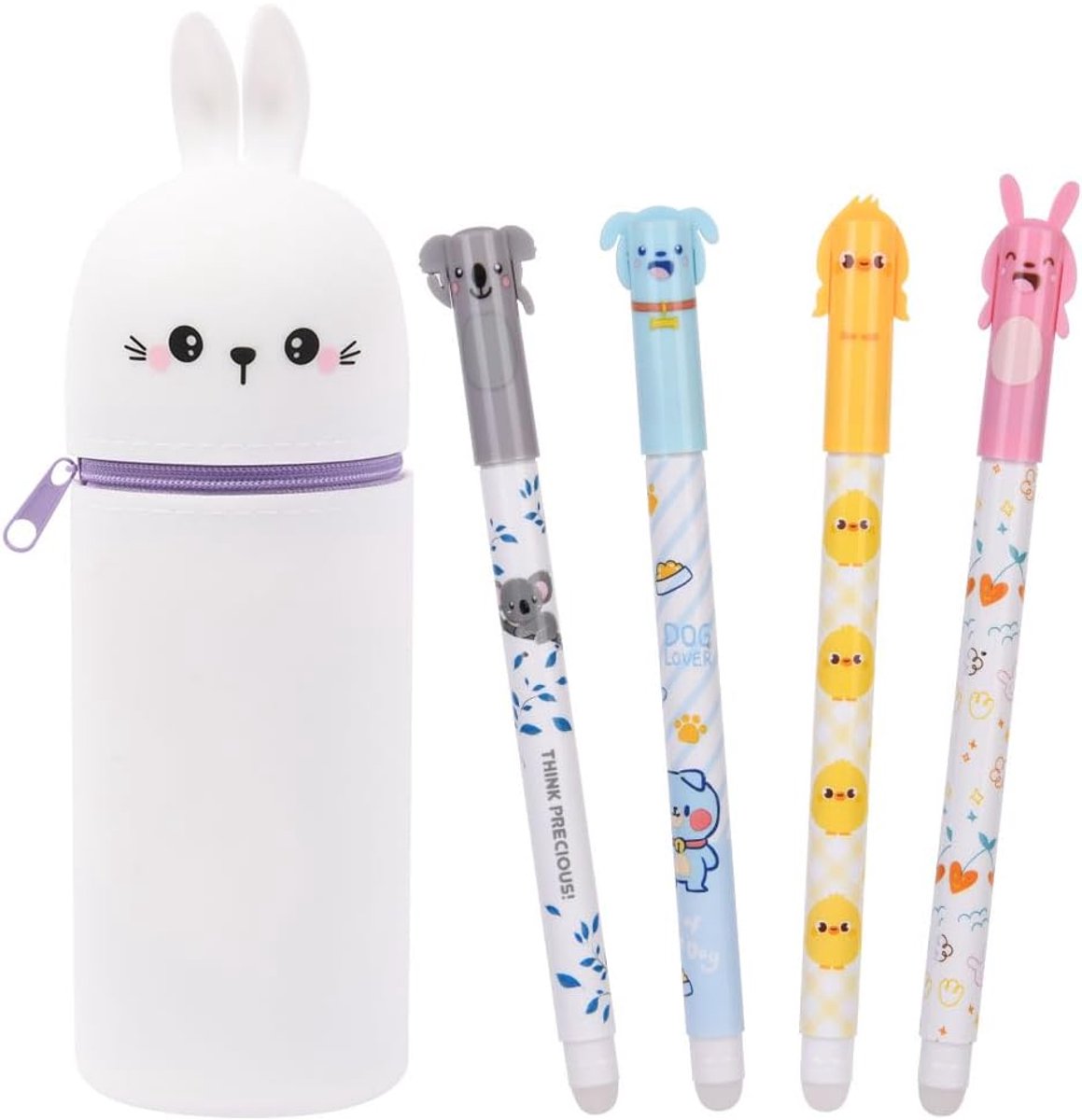 SnelShoppen - Verticale Silicone Pennenhouder met 4 Erasable Gel Pennen, Schattige Dierenprint voor Kinderen, School en Kantoor Benodigdheden (Konijn)