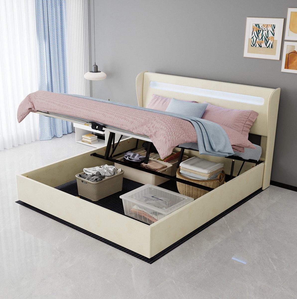 FloraGrace Bed 160x200 cm - LED Hoofdbord - Gaslift Opbergruimte - Tweepersoonsbed Voor Volwassenen - Stof En Metaal - Zonder Matras - Beige