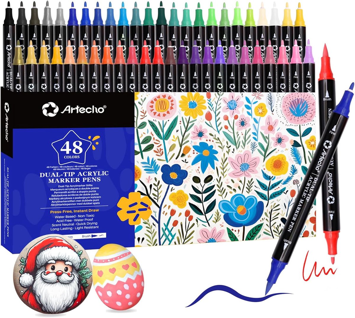 SnelShoppen - Acryl Markers Set 48 Kleuren, Watervaste Dual Tip Stiften met Penseel en Fijne Punt, 0.5-5mm voor Schilderen op Steen, Glas, Papier, Hou