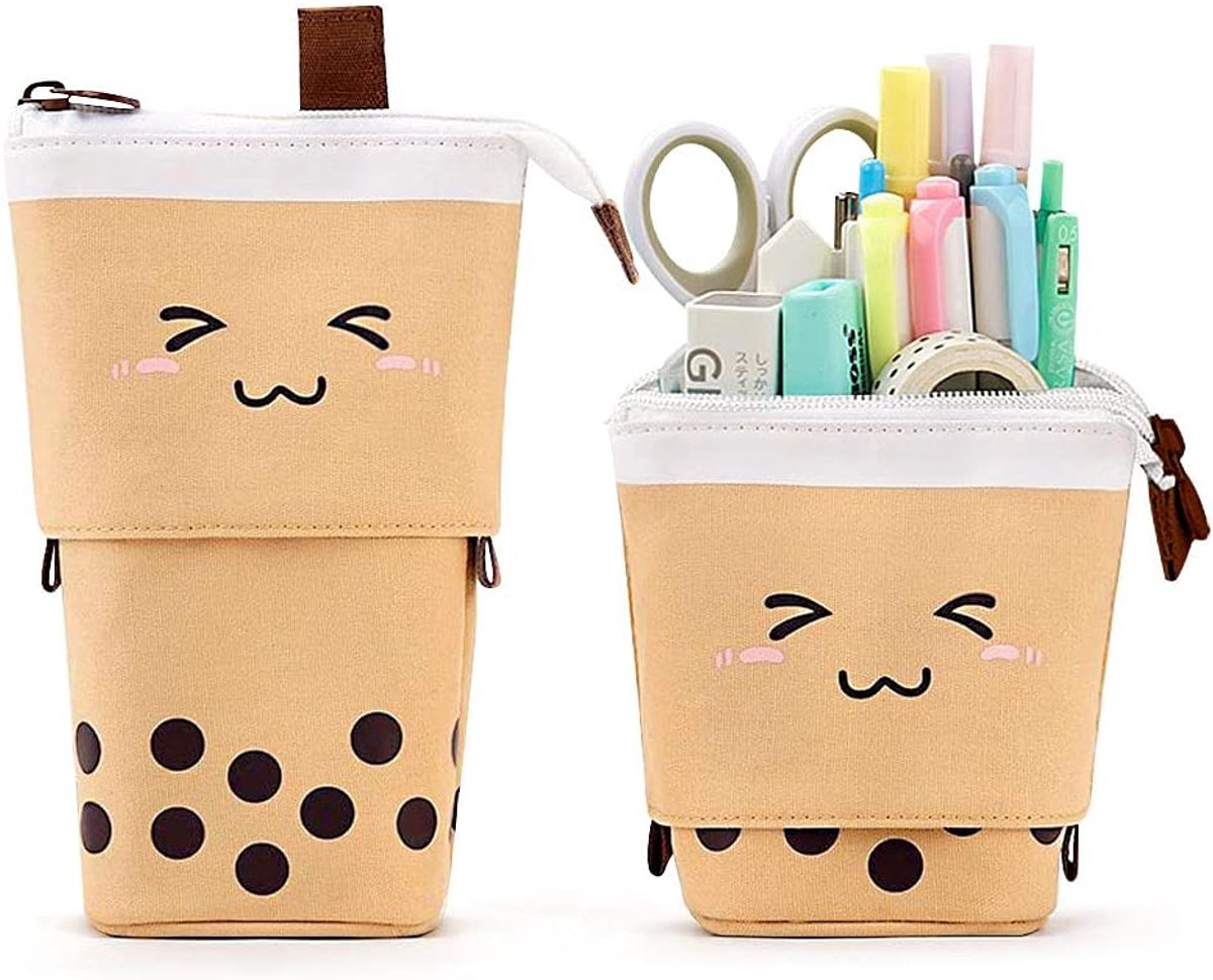 SnelShoppen - Milktea Cute Pop Up Pen Case voor Kinderen, Staande Bubble Tea Pennenhouder, Telescopische Organiser, Kawaii Make-up Tas, Bruin, Reis, S