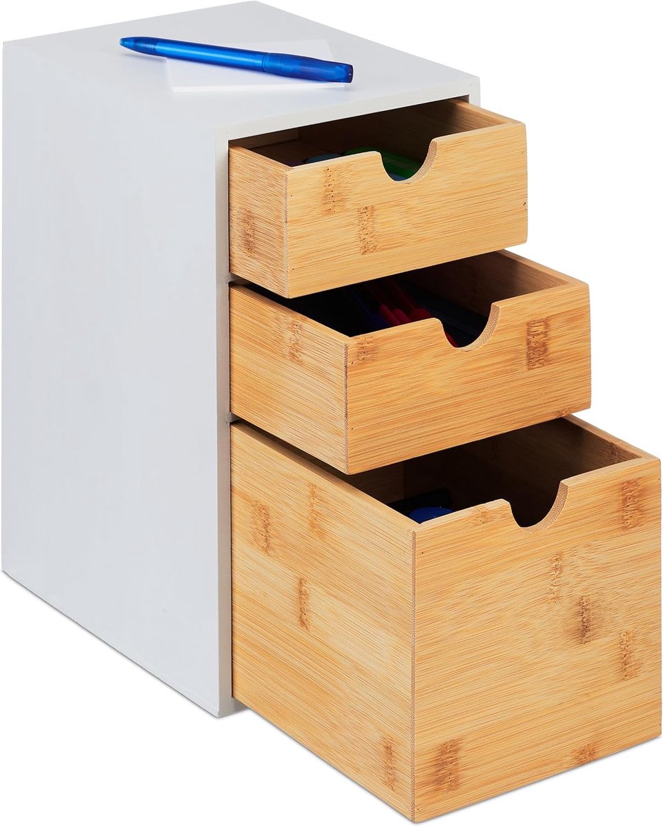 Thijox - Ladeblok Bamboe & MDF, Bureau Organizer met 3 Lades, HxBxD: 28x17x21,5 cm, Natuur/Wit, Perfect voor Make-up, Kantoorartikelen, Badkamer en Ke