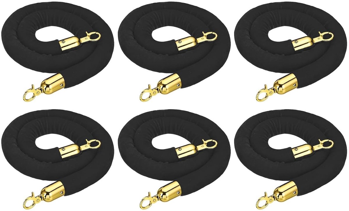 Zwarte Fluwelen Stand Touw Set van 6 met Haakjes voor Poles en Queue Beheersing in Hotels en Theaters