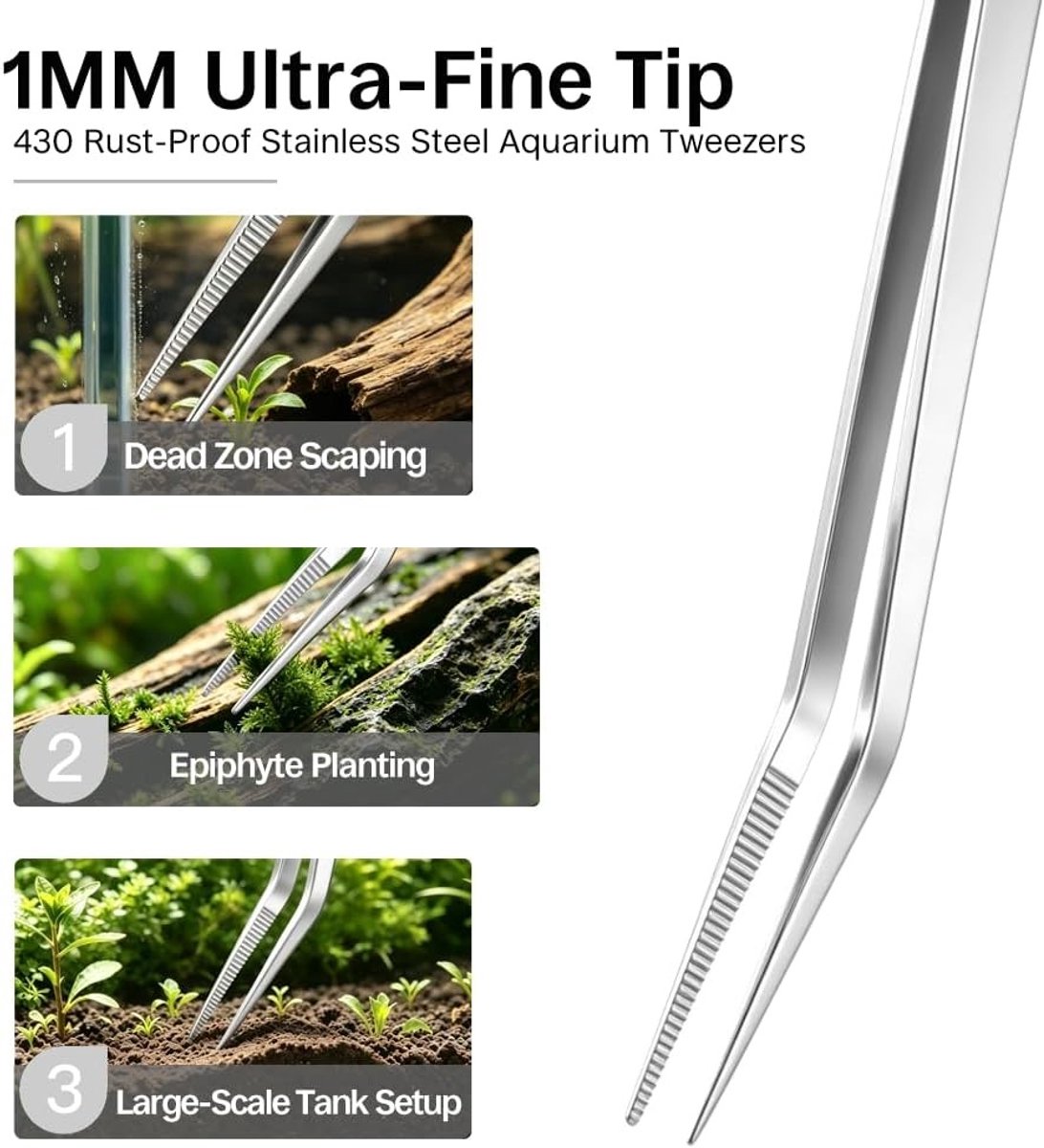Gebogen aquariumpincet 25 cm voor aquascaping, spiegelgepolijst, getand en antislip voor planten, bodemwerkzaamheden en mosbevestiging
