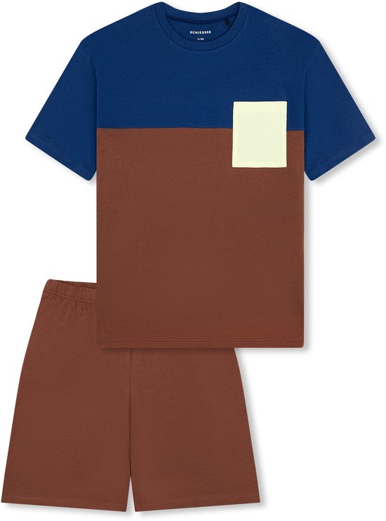 Ensemble pyjama garçon avec un t-shirt bleu, bas marron et une poche poitrine jaune pâle, et un short marron.