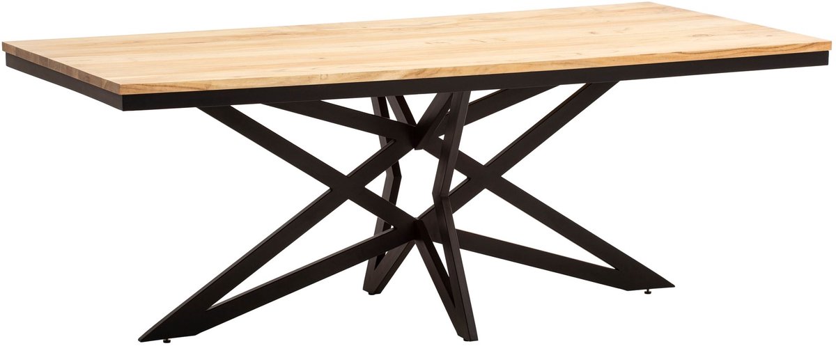 Eetkamertafel 200x100x77 cm acacia massief hout metalen eettafel industrieel, keukentafel met sterframe, grote houten tafel, eettafel eetkamer rechthoekig
