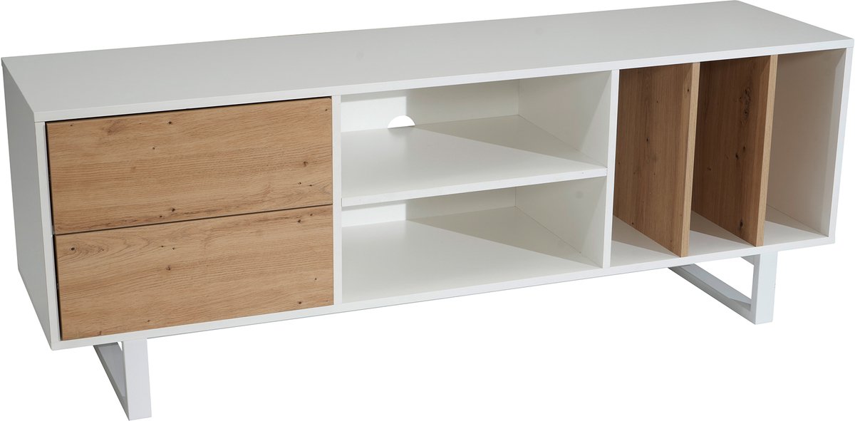 Ervesto Lowboard Tv-Meubel - Tv-Kast - Wit Met Eikendecor - 150x55x40 Cm - Woonkamer Kast Met Lades En Open Vakken