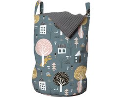 New Bed, Wasmand Bosprint met Huisjes, Scandinavische Stijl Opbergmand Kinderkamer met Handvatten en Koordsluiting, Speelgoedmand kinderen - Speelgoedkist - Wasbox - 33 x 48 cm