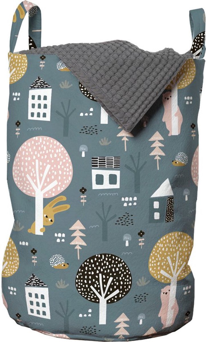 New Bed, Wasmand Bosprint met Huisjes, Scandinavische Stijl Opbergmand Kinderkamer met Handvatten en Koordsluiting, Speelgoedmand kinderen - Speelgoedkist - Wasbox - 33 x 48 cm