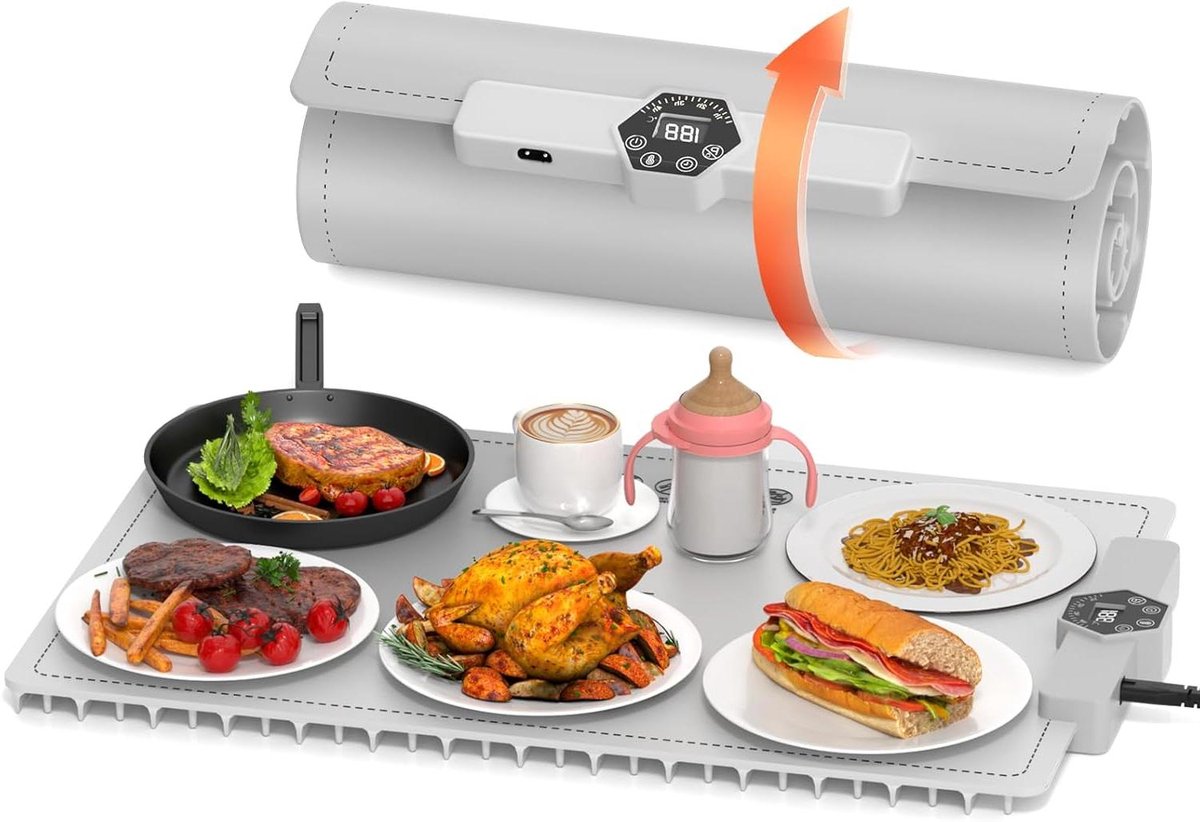 Elektrische Warmhoudplaat - Voedselverwarmer - Eten Warm Houden - Opvouwbaar Ontwerp - 40 cm Pakket - Grijs
