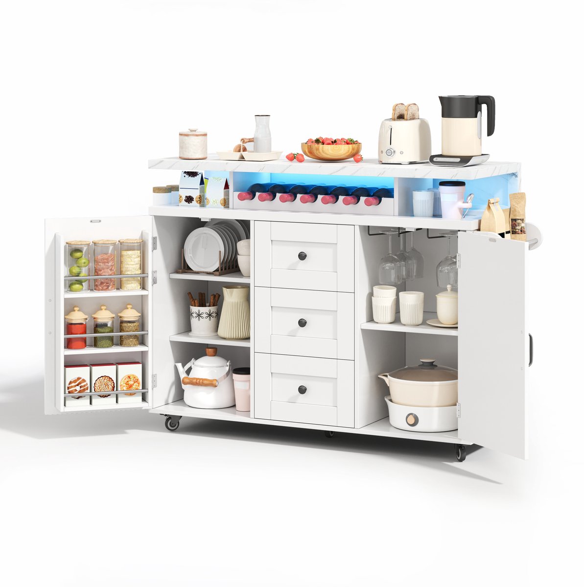 DESMIU Keukenkast - Mobiel Keukeneiland Met Klapbaar Werkblad En LED-Verlichting - 2 Deuren 3 Laden Wijnrek MDF - 120x60x93 Cm - Wit
