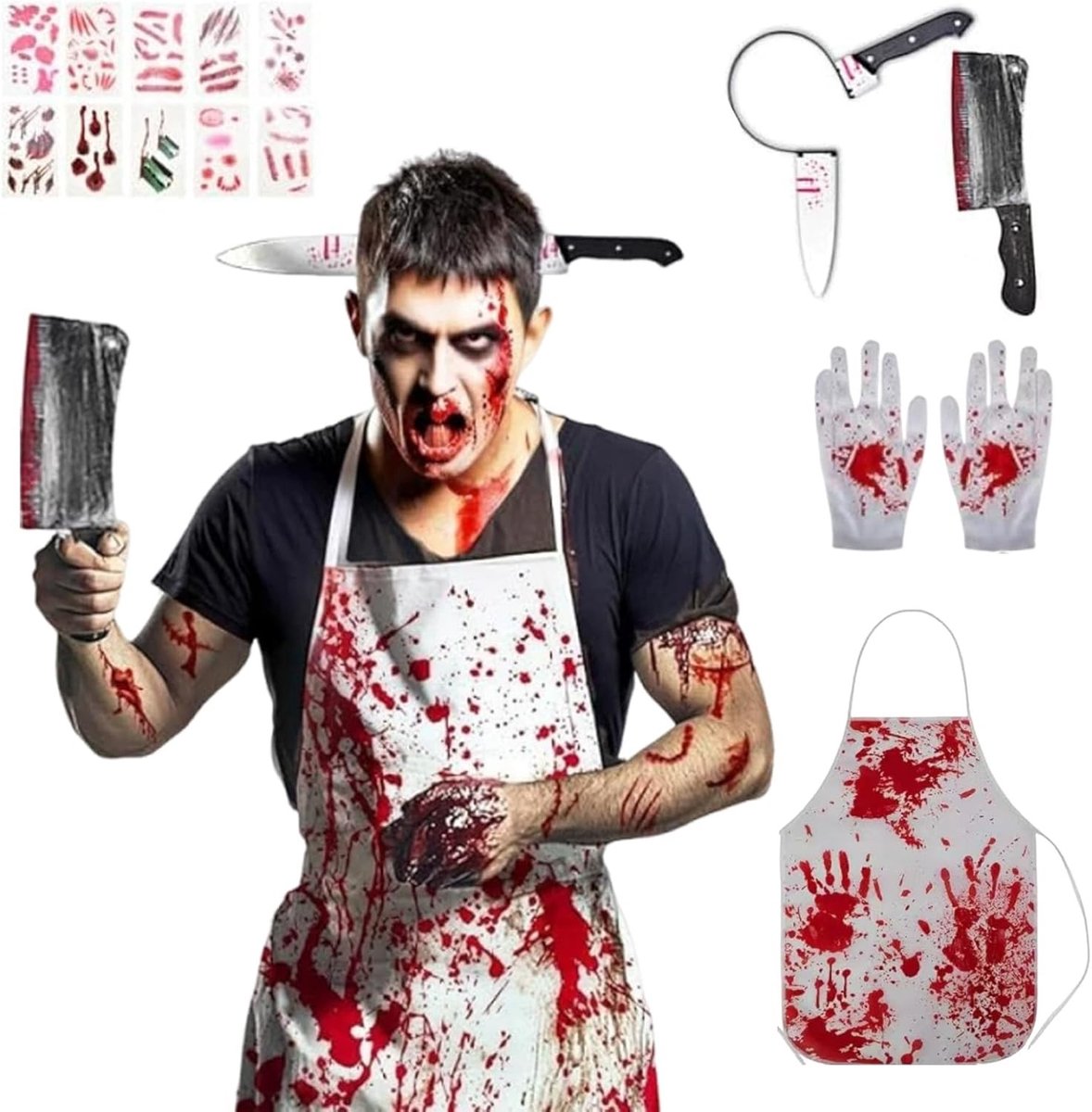 Halloween Butcher Kostuum met Bloedige Schort, Mes in het Hoofd, 10 Tattoo Stickers en Handschoenen voor Feestjes, Rollenspellen en Decoratie
