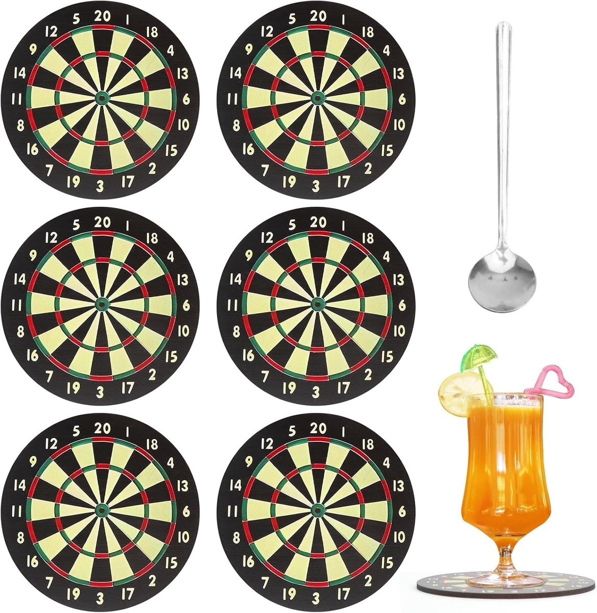 Darts Coasters met Lepel, Bierdeksel en Antislip Ontwerp - Leuk voor Pubs, Cafés en Woonkamers - Set van 6 Kartonnen Coasters voor Drankjes en Spellen