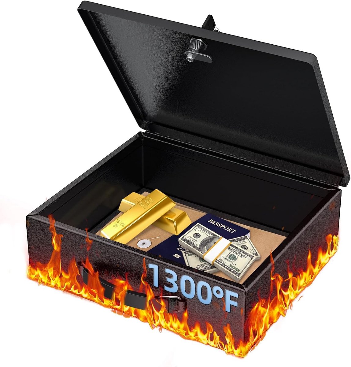 Brandveilige Documentenbox met Sleutelslot en Handvat, 33 x 27 x 10 cm, Grote Opbergdoos voor A4 Papier, Waterdichte Kluis voor Waardevolle Spullen, Paspoorten en Geld, Draagbaar en Veilig
