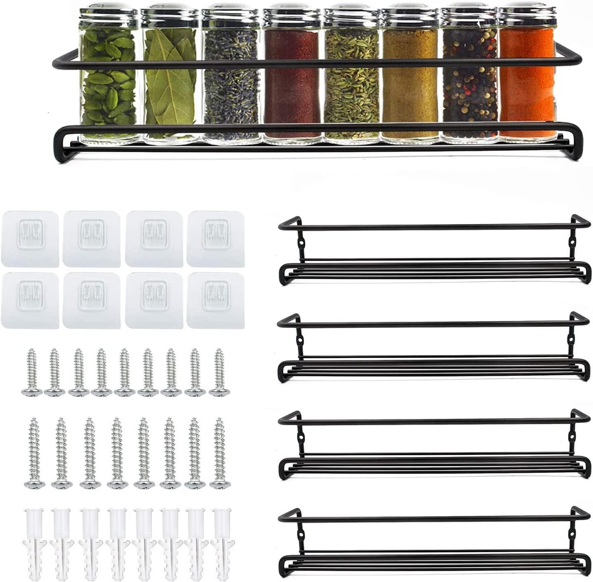 Thijox - Demoyaya 4-pack kruidenrek organizer wandgemonteerd, kruidenrek planken met lijm of schroef, opslag flessen kruiden organizer voor keuken, bi